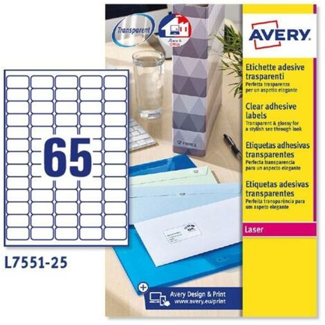 Etiqueta adhesivas avery din a4 imprimibles transparente 38,1x21,2 mm caja de 25 hojas con 1625 etiquetas