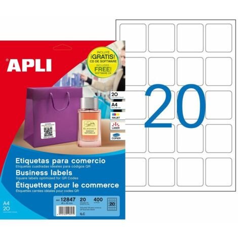 Etiquetas blancas cantos romos tamaño 45,0 x 45,0 mm con adhesivo permanente. Pack con 20 hojas (400 etiquetas). Etiquetas especiales para comercio e