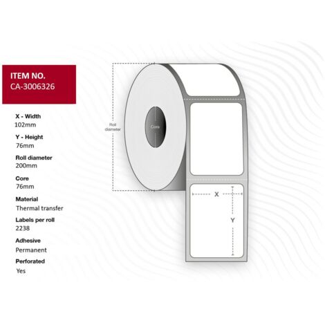Etiquetas de transferencia térmica de 102 x 76 mm, núcleo de 76 mm, recubiertas, permanentes, perforadas, 2238 piezas por rollo, 4 rollos por caja, CA-3006326