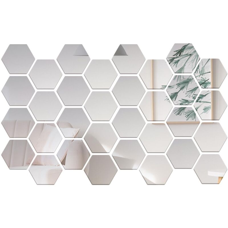 

Etiquetas engomadas de la pared del espejo del hexagono 32PCS, espejo decorativo de acrilico de las etiquetas de la pared desprendibles,Plata