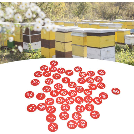 [Etiquetas para colmenas] 50 etiquetas rojas numeradas de ABS, de 3,5 cm con orificio, para apicultura y ganadería.