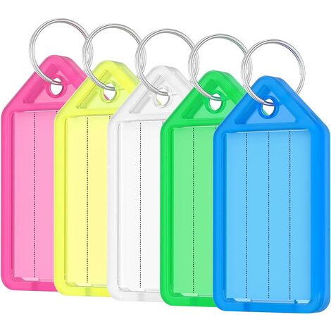 Etiquetas para llaves de plástico resistente de 5 cm en 5 colores surtidos Identificadores de artículos con etiquetas de papel en blanco Cubiertas transparentes y anillos divididos, paquete de 10