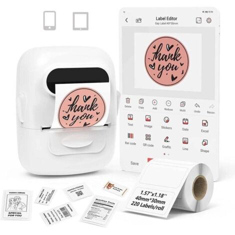 Etiqueteuse Imprimante Etiquette Code Barre Mini Machine a Etiquettes Autocollantes Label Maker Bluetooth Thermique P50 Compatible avec Les Smartphone et PC (Blanc, 1 Rouleaux de Papier)
