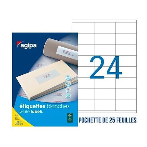 Etiquette adhésive Agipa 119655 blanche 70 x 35 mm multi-usage - Pochette de 600