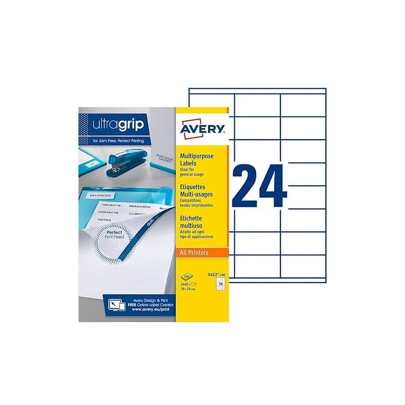 Etiquette adresse jet d'encre et laser 70 x 35 mm Avery 3422-100 blanche - Boîte de 2400