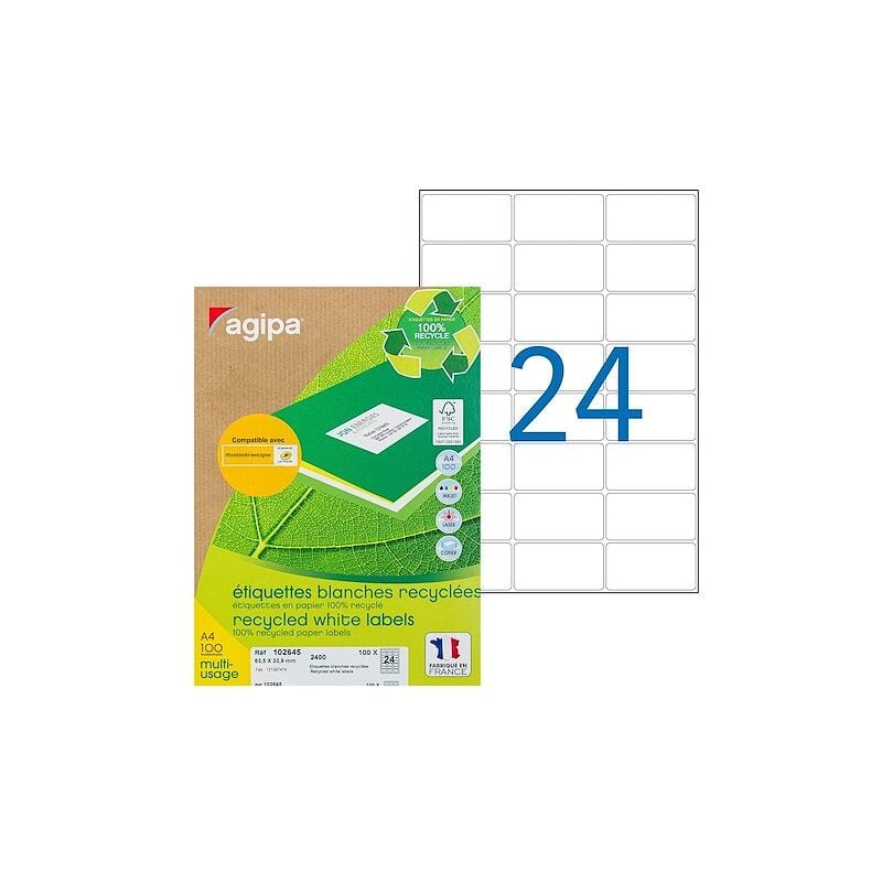 Etiquette adresse jet d'encre et laser recyclée 63,5 x 33,9 mm Agipa 102645 blanche - Boîte de 2400
