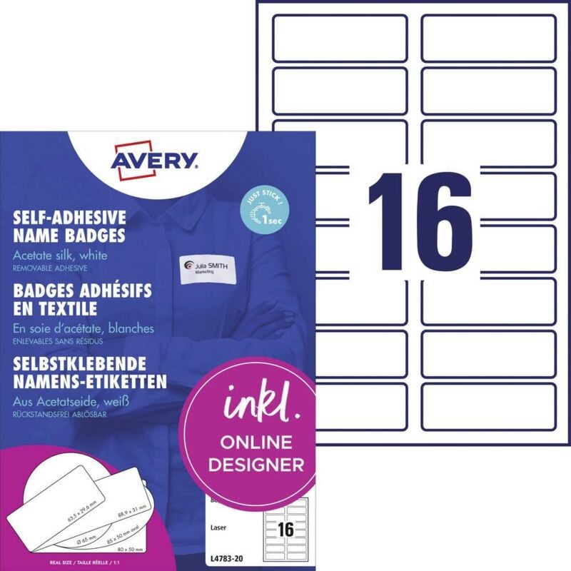 Avery-Zweckform L4783-20 Etiquette badges 88.9 x 31 mm acétate de cellulose blanc 320 pc(s) décollable imprimante laser