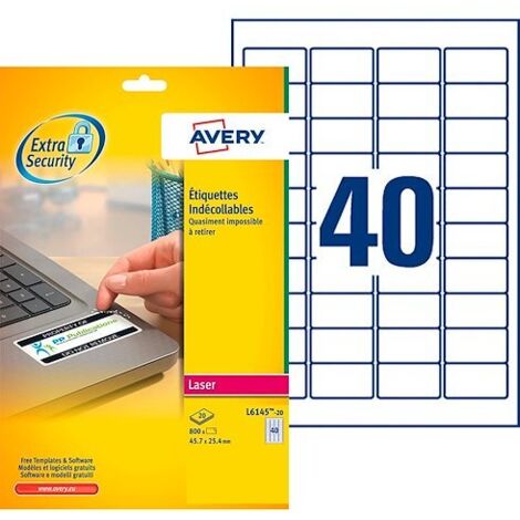 Etiquette de sécurité laser 45,7 x 25,4 mm Avery L6145-20 blanche - Pochette de 800