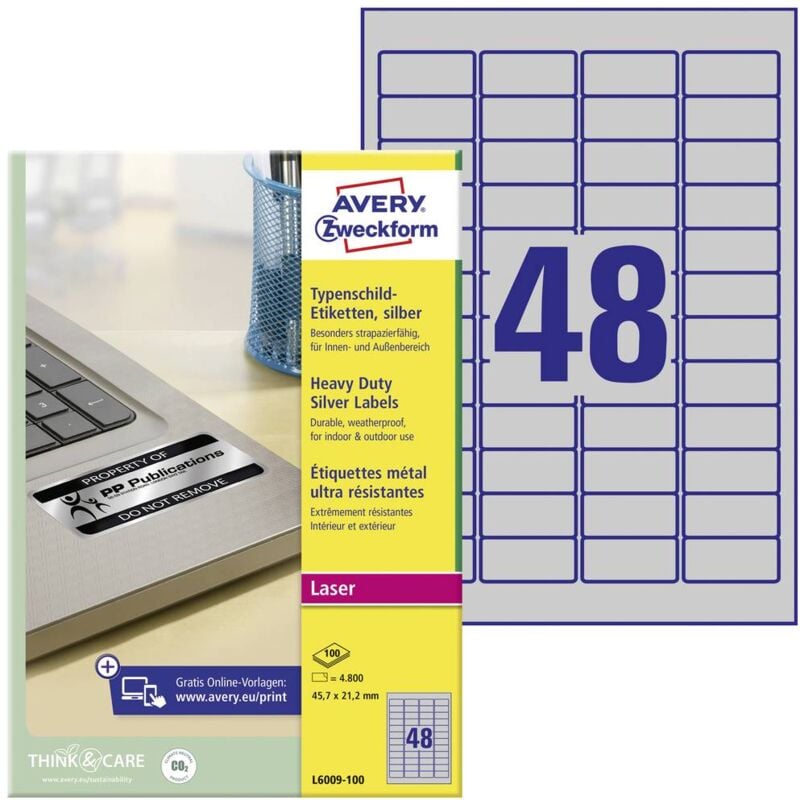 Avery-Zweckform L6009-100 Etiquette plaques signalétiques 45.7 x 21.2 mm film de polyester argent 4800 pc(s) fixation p - argent