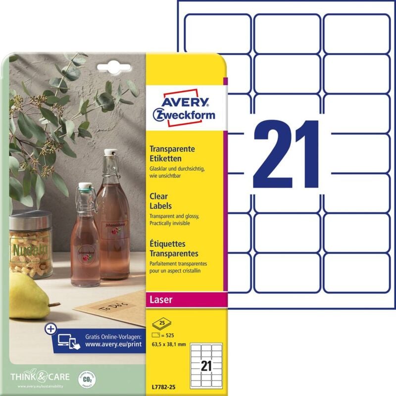 Etiquette plastique Avery-Zweckform 63.5 x 38.1 mm film de polyester transparent 525 pc(s) fixation permanente - transparent