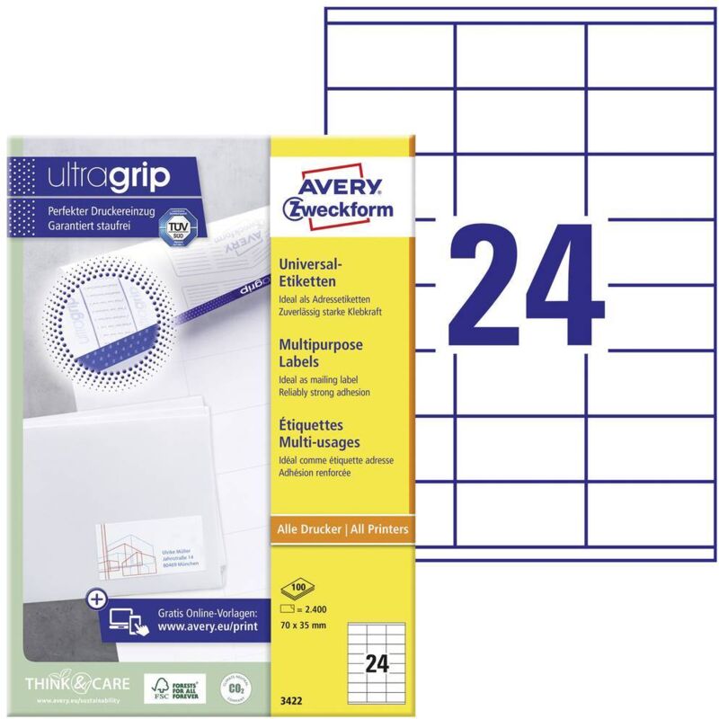 Avery-Zweckform 3422 Etiquette universelles 70 x 35 mm papier blanc 2400 pc(s) fixation permanente imprimante à jet den - blanc