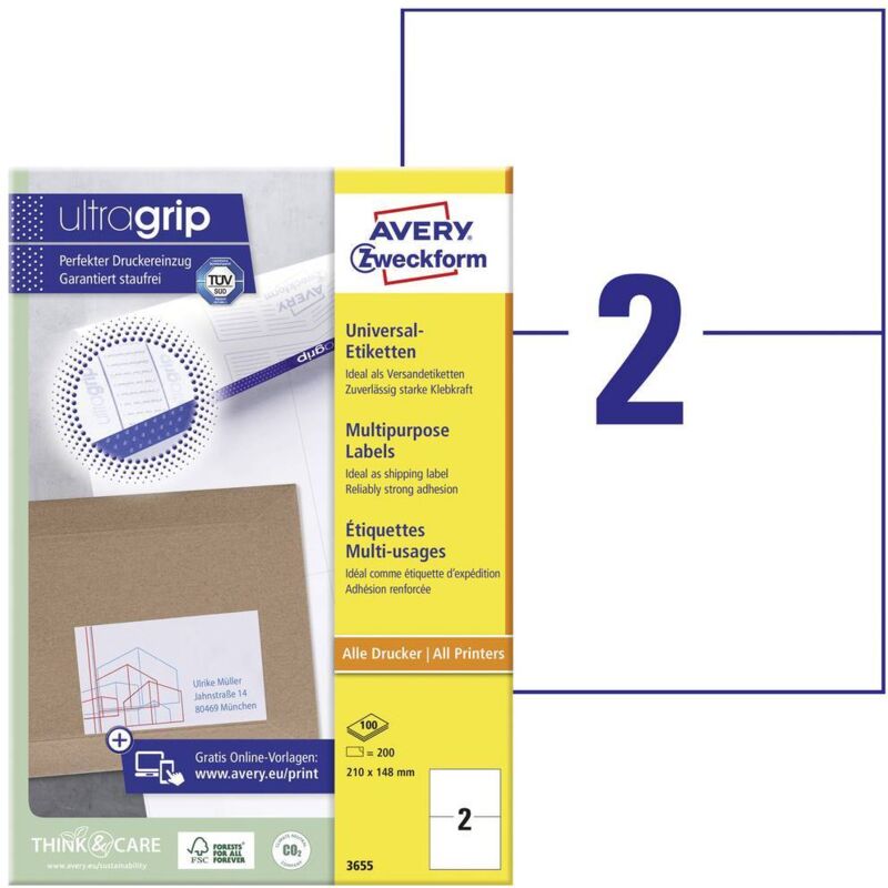 Avery-Zweckform 3655 Etiquette universelles 210 x 148 mm papier blanc 200 pc(s) fixation permanente imprimante à jet de - blanc