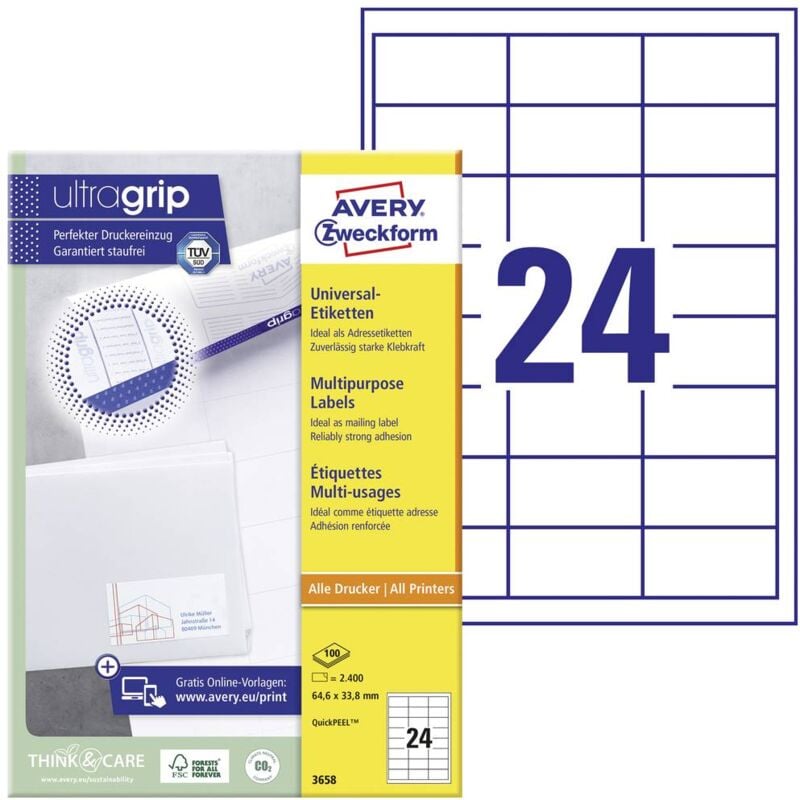Avery-Zweckform 3658 Etiquette universelles 64.6 x 33.8 mm papier blanc 2400 pc(s) fixation permanente imprimante à jet - blanc