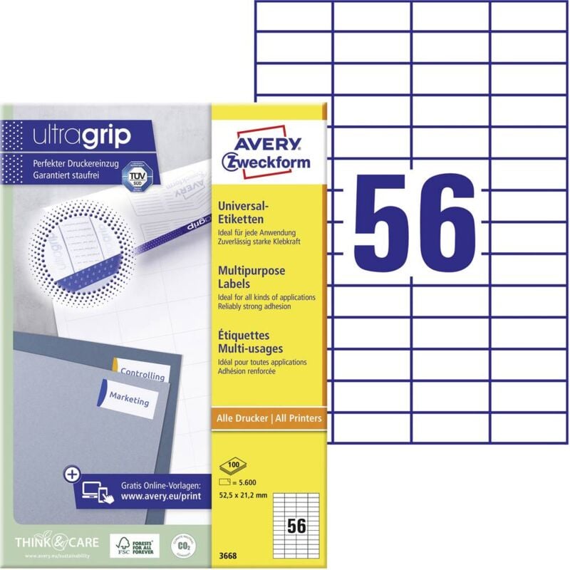 Avery-Zweckform 3668 Etiquette universelles 52.5 x 21.2 mm papier blanc 5600 pc(s) fixation permanente imprimante à jet - blanc