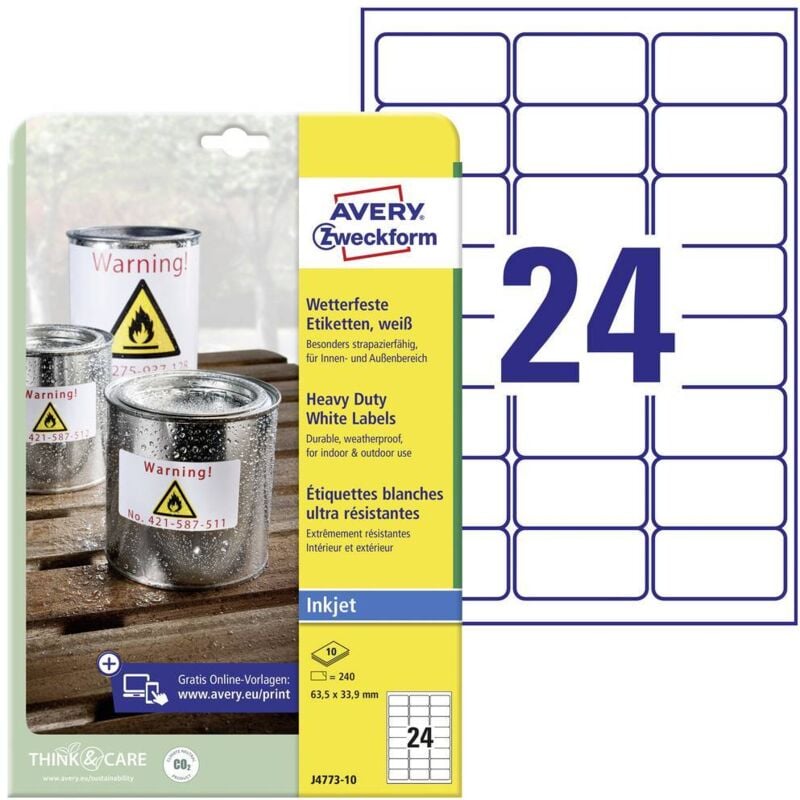 Etiquette plastique Avery Zweckform J4773-10 63.5 x 33.9 mm film de polyester blanc 240 pc(s) fixation permanente