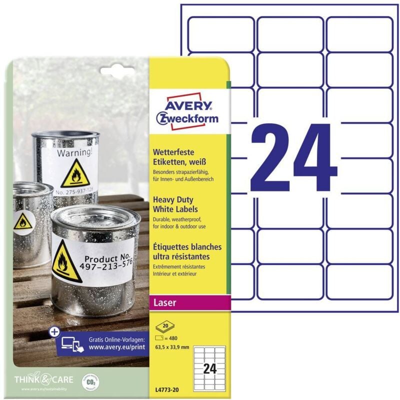 Etiquette plastique Avery-Zweckform L4773-20 63.5 x 33.9 mm film de polyester blanc 480 pc(s) fixation permanente
