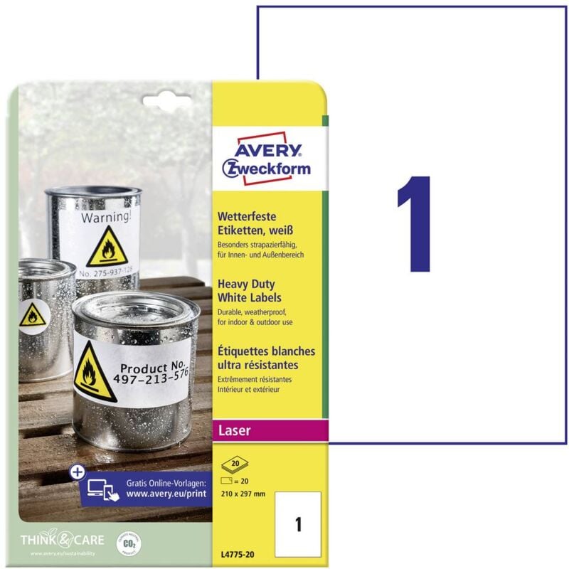 Etiquette plastique Avery-Zweckform L4775-20 210 x 297 mm film de polyester blanc 20 pc(s) fixation permanente - blanc