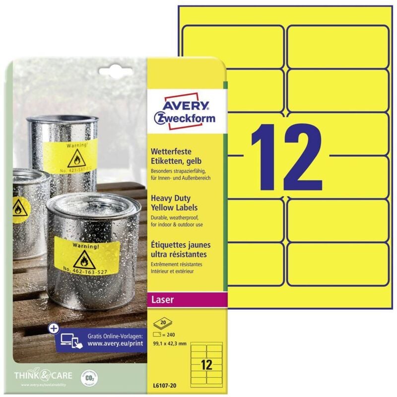 Etiquette plastique Avery Zweckform L6107-20 99.1 x 42.3 mm film de polyester jaune 240 pc(s) fixation permanente - jaune