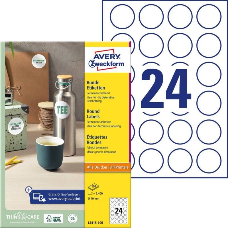 Avery-Zweckform L3415-100 Etiquette universelles ø 40 mm papier blanc 2400 pc(s) fixation permanente imprimante à jet d - blanc