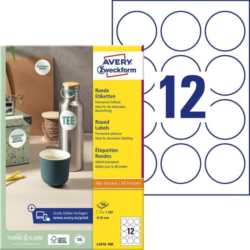 Avery-Zweckform L3416-100 Etiquette universelles Ø 60 mm papier blanc 1200 pc(s) fixation permanente imprimante à jet d