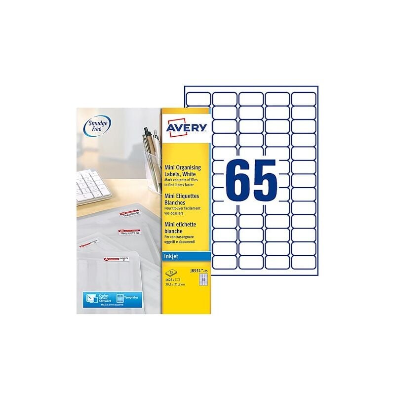 Etiquettes adresses jet d'encre 38,1 x 21,2 mm Avery J8551-25 - transparentes - Pochette de 1625