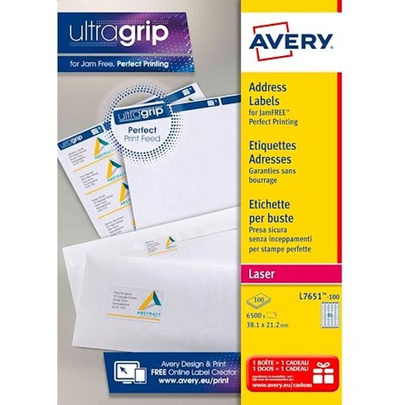 Etiquettes adresses laser 38,1 x 21,2 mm Avery L7651-100 - Boîte de 6500