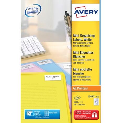 Etiquettes adresses laser 45,7 x 16,9 mm Avery L7652-100 - Boîte de 6400