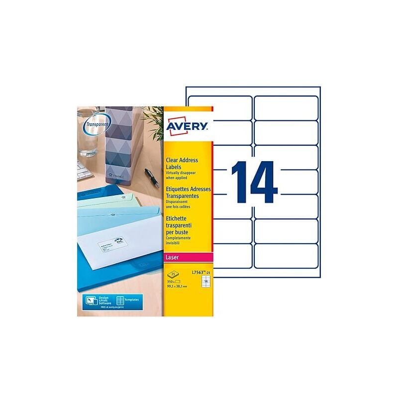 Etiquettes adresses laser 99,1 x 38,1 mm Avery L7563-25 transparentes - Pochette de 350