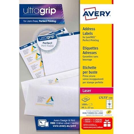 Etiquettes adresses laser 99,1 x 57 mm Avery L7173-100 - Boîte de 1000