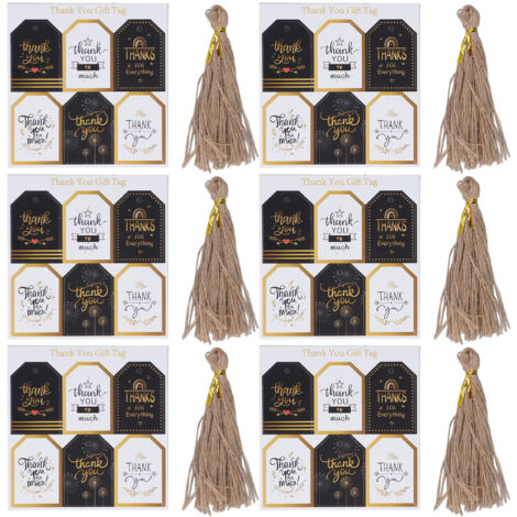 Étiquettes Cadeau 144pcs - Cartes Remerciement Motifs - Étiquettes Durable pour Emballage Cadeaux avec Corde Chanvre