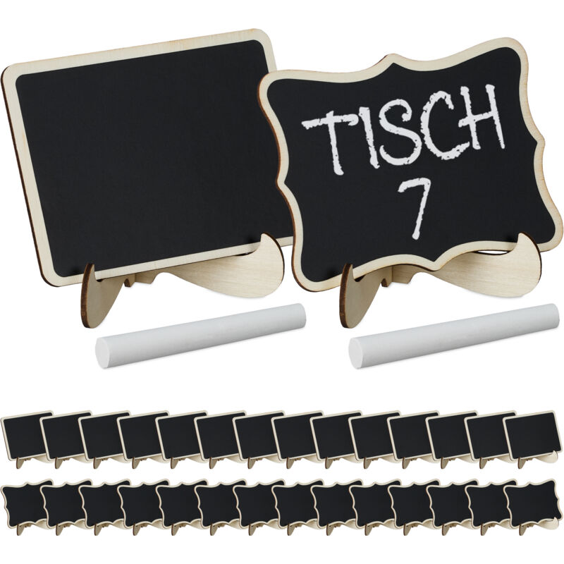 Relaxdays - Panneaux de table, lot de 30, petites pancartes inscriptibles, en bois, avec 2x craies, nature - noir