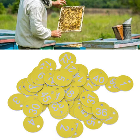 Étiquettes de Ruche ABS Numérotées, Lot de 50 Pièces Étiquettes Circulaires à Trou pour Apiculture et Élevage, Light Yellow Numéros 1-50