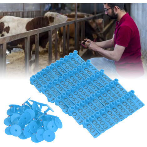 Etiquettes d'oreille pour bétail 100 pièces bleues PP 5.3x1.8cm numérotées pour identification