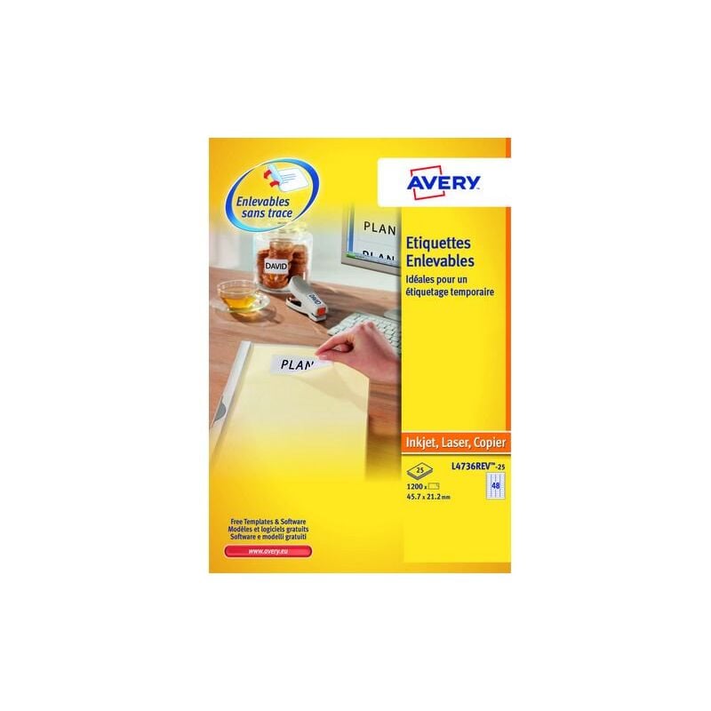 Etiquettes enlevables 45,7 x 21,2 mm Avery L4736-25 - Pochette de 1200