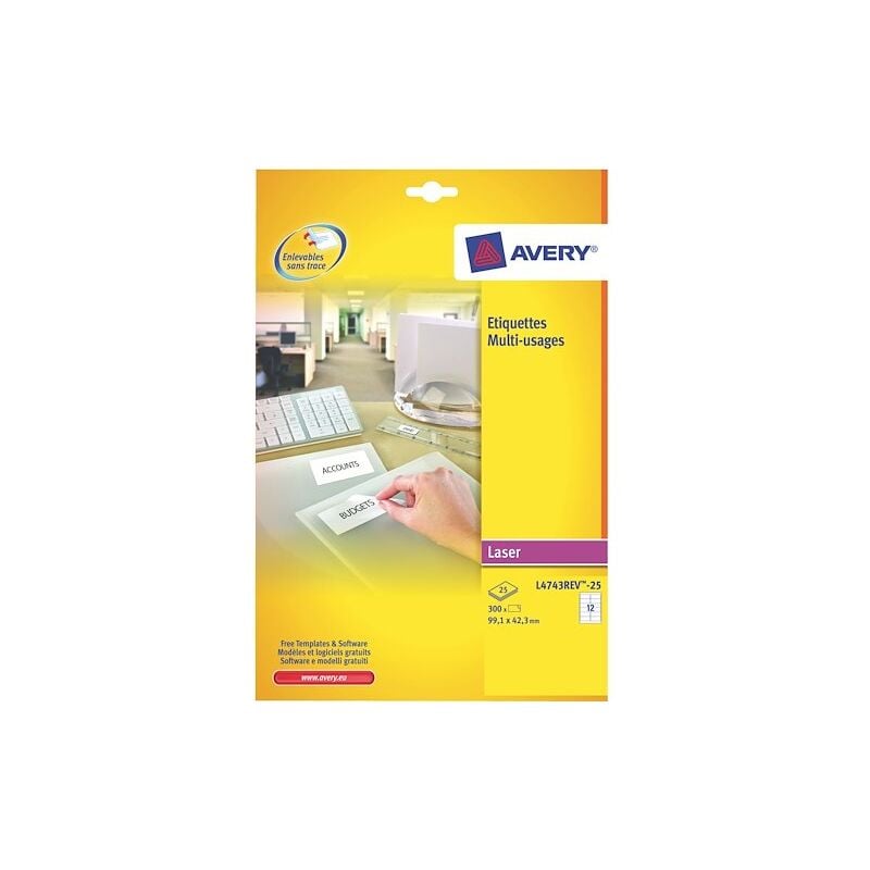 Etiquettes enlevables 99,1 x 42,3 mm Avery L4743-25 - Pochette de 300