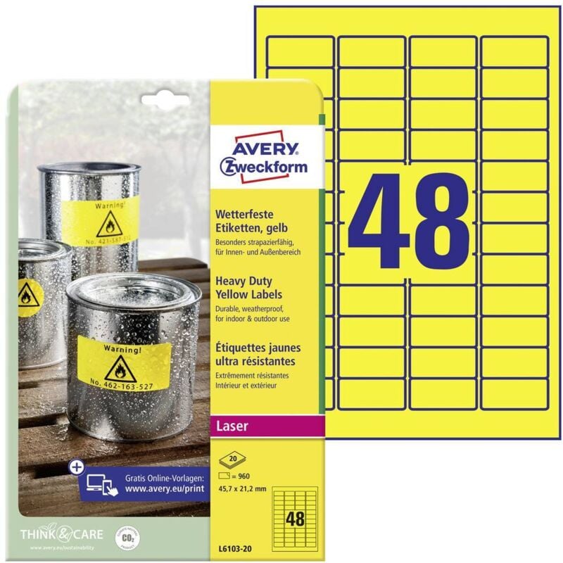 Etiquette plastique Avery-Zweckform L6103-20 45.7 x 21.2 mm film de polyester jaune 960 pc(s) fixation permanente