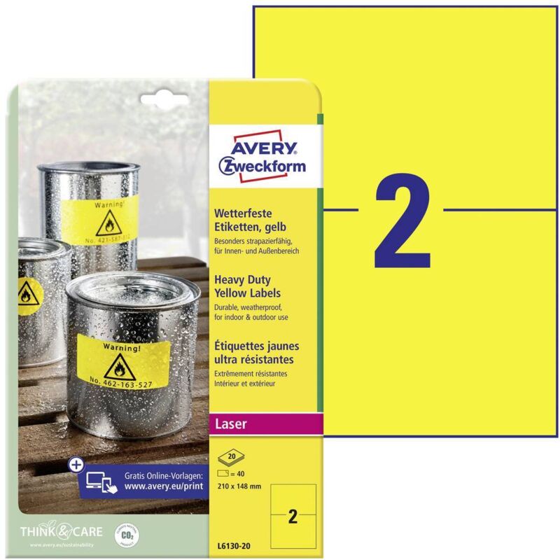 Etiquette plastique Avery-Zweckform L6130-20 210 x 148 mm film de polyester jaune 40 pc(s) fixation permanente - jaune