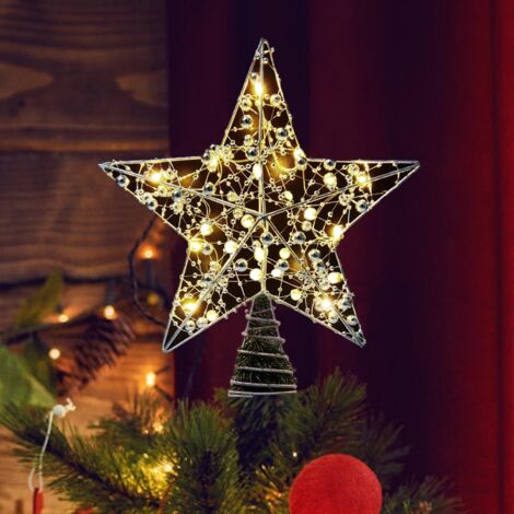 Étoile lumineuse pour Sapin de Noël 25 cm Argent – Cime d’arbre Métal Pailleté avec 20 LED Chaudes, Décoration Intérieure de Fête