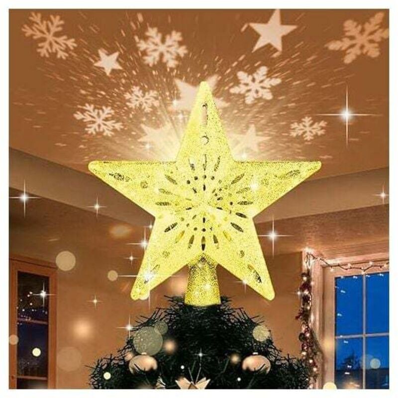 Etoile Sapin Noel Lumineuse, Etoile Sapin de Noel avec Lampe Projecteur de Flocon de Neige LED Rotatif, 3D Étoile de Noel de d'or pour Décoration