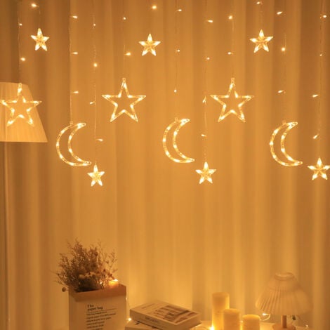 ROLEADER Étoiles Lune Rideau Lumières, 3,5M LED Guirlande Lumineuse Rideau Noël, 8 Modes Rideau Lumineux Intérieur, IP44 Batterie/USB pour Fenêtre, Soirée, Chambre, Mariage, Decoration de Noël