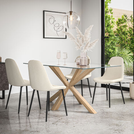 Etta Glass Dining Table And Chairs - Glass Top w Solid Oak Legs + Maya Boucle Dining Chair Set Of 4 (Ivory White)