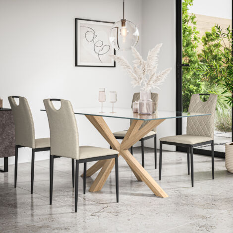 Etta Glass Dining Table And Chairs - Glass Top w Solid Oak Legs + Monza Fabric Dining Chair Set Of 4 (Beige)