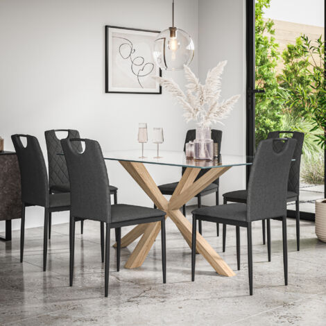 Etta Glass Dining Table And Chairs - Glass Top w Solid Oak Legs + Monza Fabric Dining Chair Set Of 6 (Charcoal)