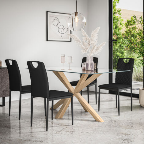 Etta Glass Dining Table And Chairs - Glass Top w Solid Oak Legs + Monza Faux Leather Dining Chair Set Of 4 (Black)