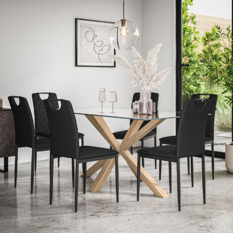 Etta Glass Dining Table And Chairs - Glass Top w Solid Oak Legs + Monza Faux Leather Dining Chair Set Of 6 (Black)