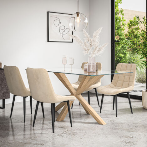 Etta Glass Dining Table And Chairs - Glass Top w Solid Oak Legs + Nova Velvet Dining Chair Set Of 4 (Beige)