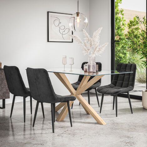Etta Glass Dining Table And Chairs - Glass Top w Solid Oak Legs + Nova Velvet Dining Chair Set Of 6 (Black)