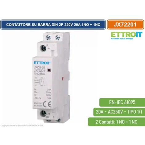 ETTROIT -  CONTATTORE MODULARE SU BARRA DIN 2P BIPOLARE  220V 20A 1 CONTATTO APERTO NO + 1 CONTATTO CHIUSO NC TIPO 11