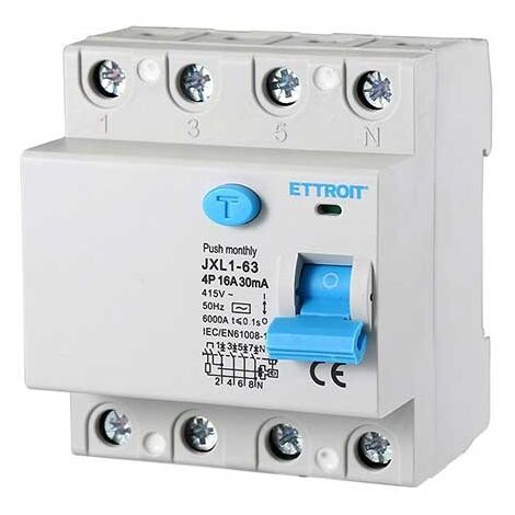 ETTROIT Disjoncteur à courant résiduel pur 4P 16A 6kA 30mA 380V Lifesaver 4 modules DIN Ettroit JX341661