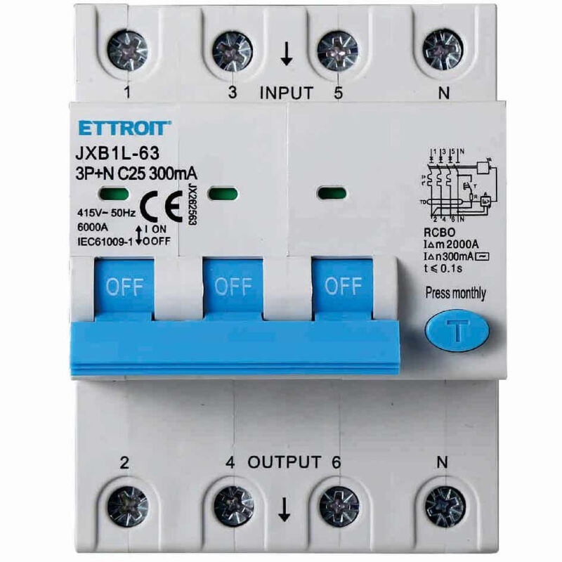 Interrupteur magnétothermique différentiel life-saving pour rail din 4 modules 3P+N 25A C25 380V 300mA 6KA